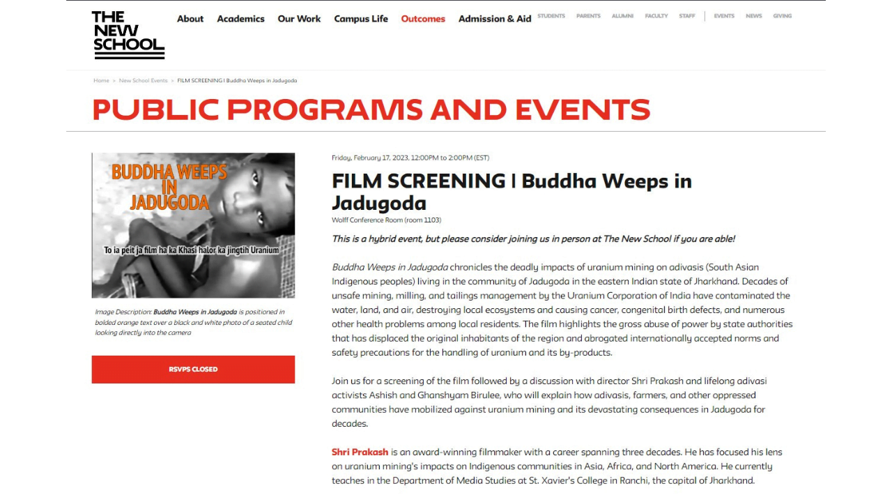 Screening and Discussion- Buddha Weeps in Jadugoda at New School, NY (2023)